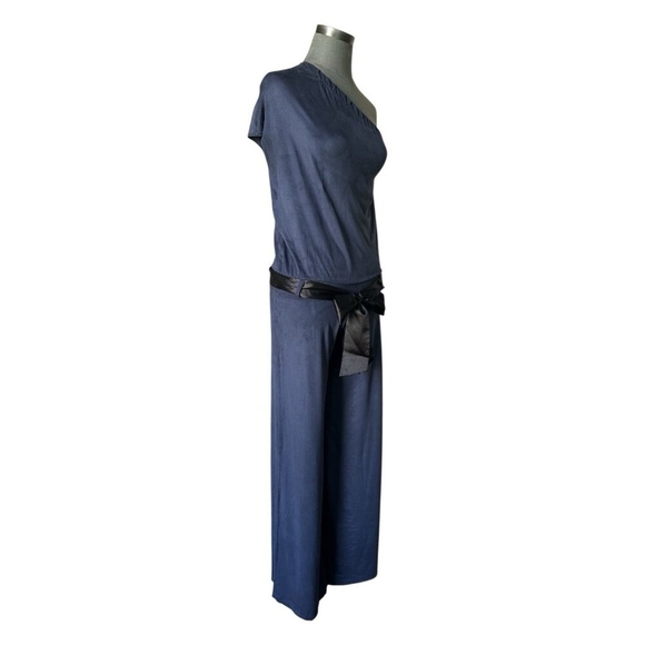 Women’s One Sleeve Velvet Jumpsuit Dark Blue Black Satin Rope Romper Size S - Picture 2 of 4